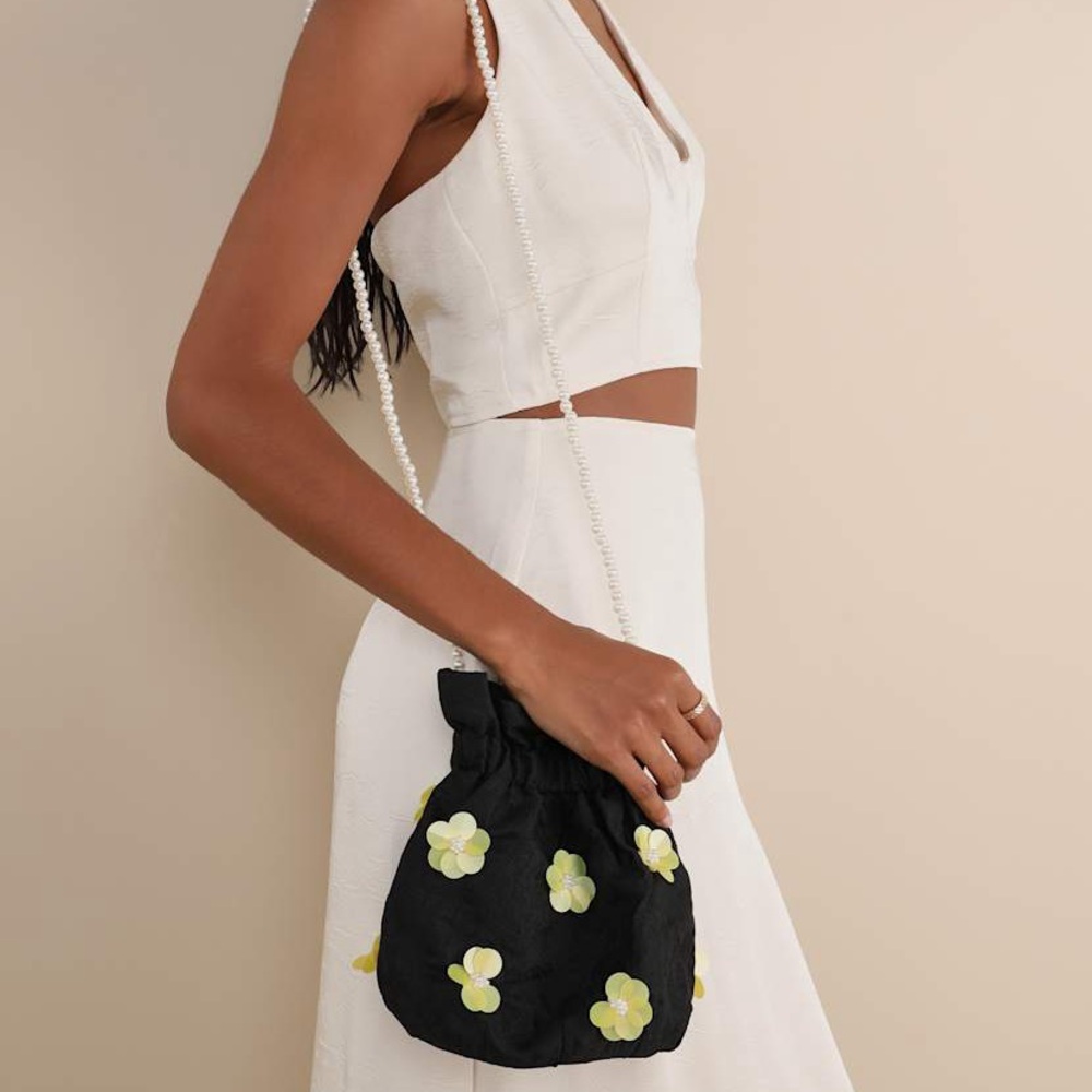 New SISTER JANE DREAM Fanciful Flowers Pearl Bucket Bag Drawstring Purse NWT